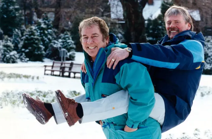 Framed Print : Folk singer Jimmie Macgregor (left) giving a piggy back to cartoonist Malky McCormack Framed Print : Folk singer Jimmie Macgregor (left) giving a piggy back to cartoonist Malky McCormack