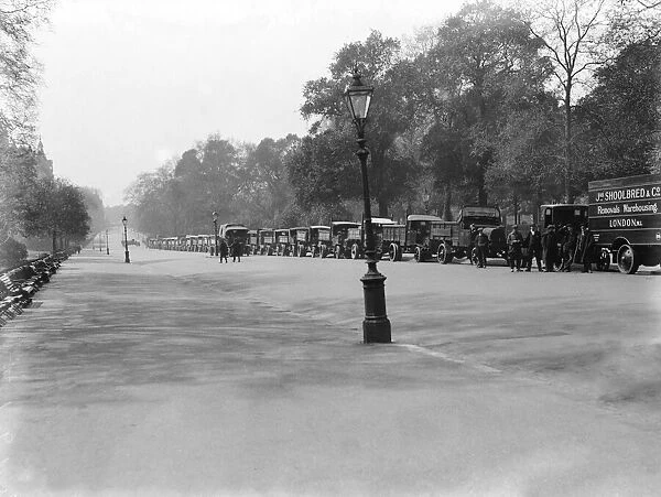 Food transport lined up in Hyde Park on the second day of the General Strike