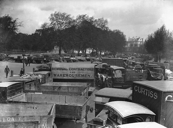 Food transport lorries parked up in Hyde Park on the tenth day of the General Strike
