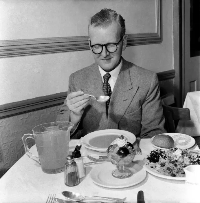 Framed Print : Food: Vegetarian: Mr. John Walton, eating the birthday lunch in the vegetarian restaurant