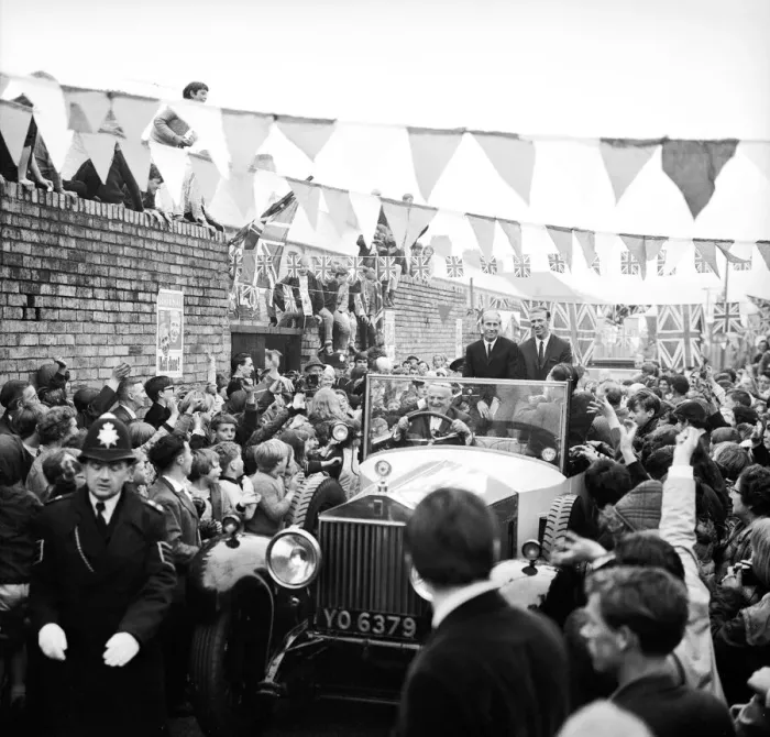 Framed Print : Football brothers Jack and Bobby Charlton are mobbed by crowds after leaving their Framed Print : Football brothers Jack and Bobby Charlton are mobbed by crowds after leaving their