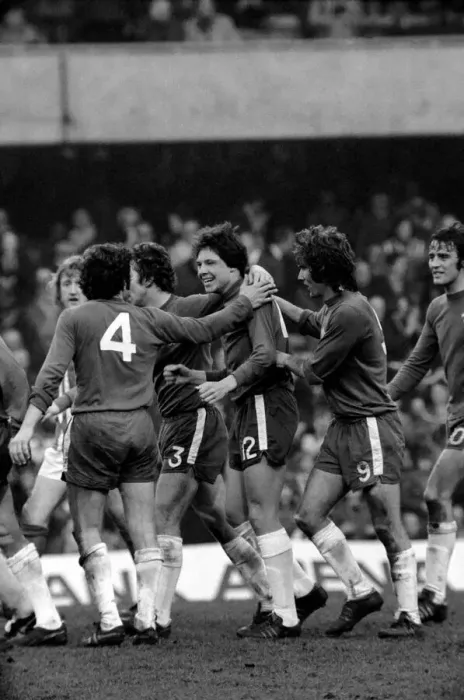Framed Print : Football: Chelsea F. C. vs. Birmingham F. C. Langley (12) mobbed after scoring winning goal Framed Print : Football: Chelsea F. C. vs. Birmingham F. C. Langley (12) mobbed after scoring winning goal