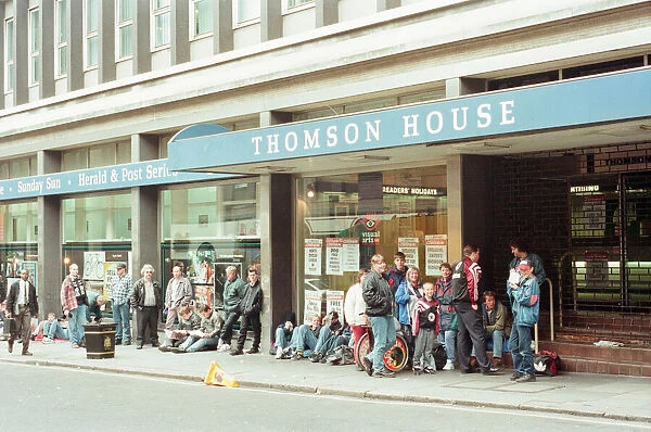 Football Fans queue outside Thomson House, Head Office of Newcastle Chronicle