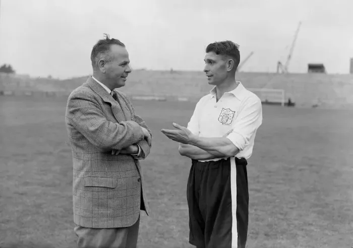 Framed Print : Football Fulham Manager Bill Dodgin seen here with Jeff Taylor team captain Framed Print : Football Fulham Manager Bill Dodgin seen here with Jeff Taylor team captain