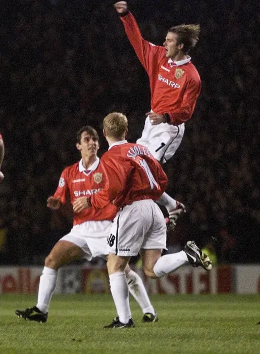 Framed Print : Football - Manchester Uniteds David Beckham celebrates scoring the first goal with