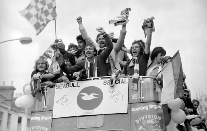 Framed Print : Football Players of Brighton FC - May 1979 on board an open top bus