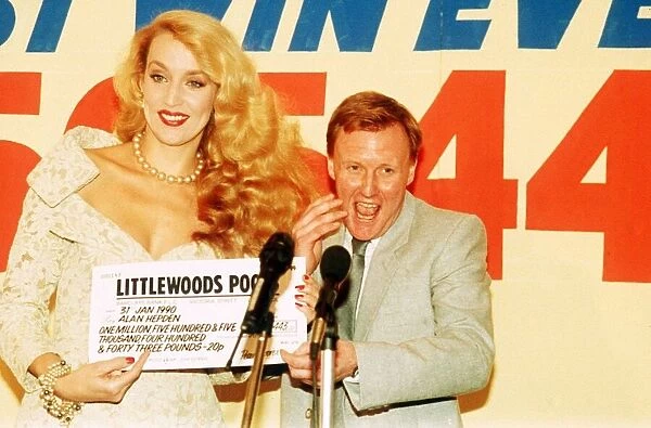 Football Pools winner Alan Hepden collects cheque from Model Jerry Hall