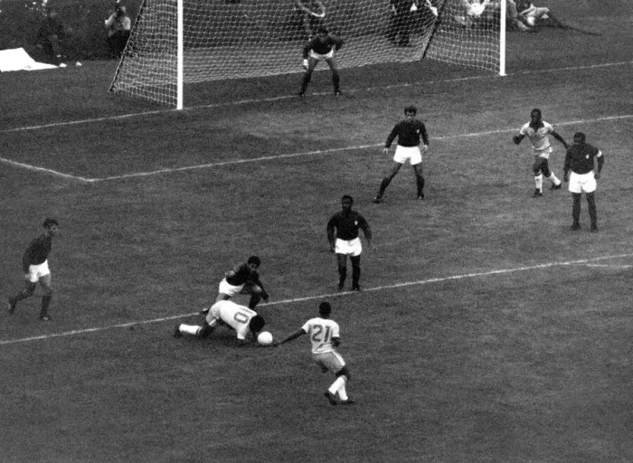 Framed Print : Football - World Cup 1966 Portugal v Brazil Pele goes down injured during Framed Print : Football - World Cup 1966 Portugal v Brazil Pele goes down injured during