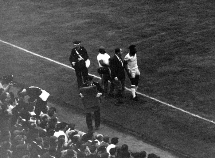 Framed Print : Football - World Cup 1966 Portugal v Brazil Pele is led off the pitch injured
