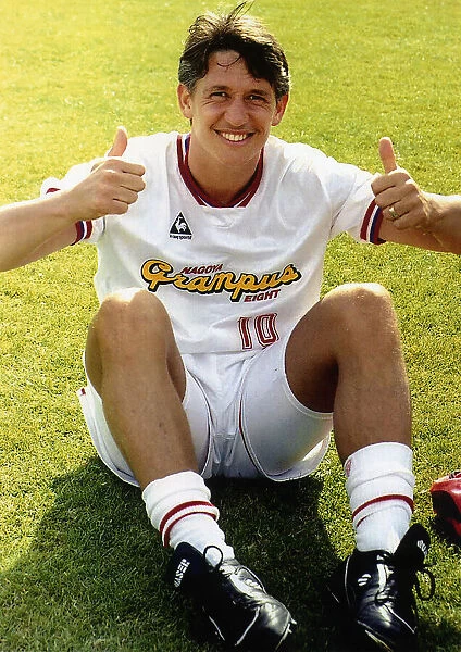 Footballer Gary Lineker gives the thumbs up before making his debut for Japanese team