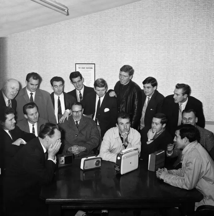 Framed Print : Footballer players of non league Gravesend and Northfleet listen to the draw for the FA Framed Print : Footballer players of non league Gravesend and Northfleet listen to the draw for the FA