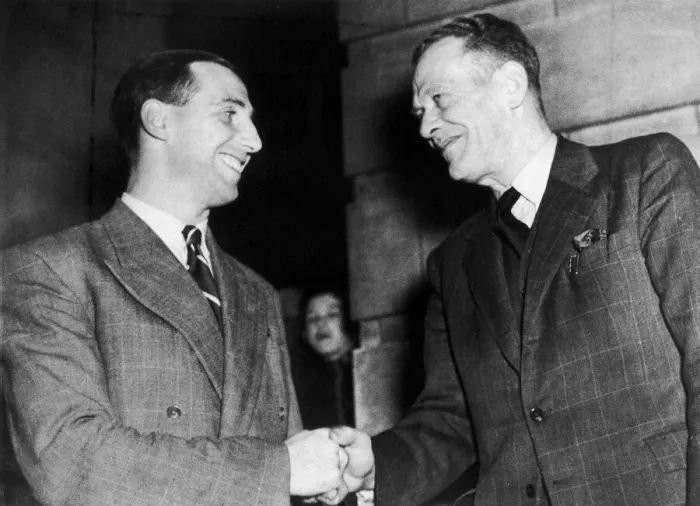 Framed Print : Footballer Tommy Lawton (left) shakes hands with his new manager Arthur Stollery after Framed Print : Footballer Tommy Lawton (left) shakes hands with his new manager Arthur Stollery after