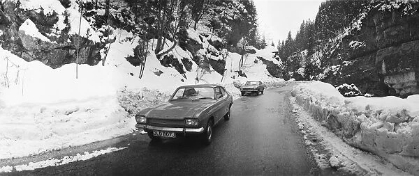 Ford Capri cars on a test drive in the Alpine Passes between Grenoble