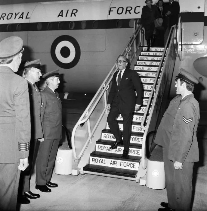 Framed Print : Foreign Secretary Lord Carrington on arrival at Heathrow Airport, London