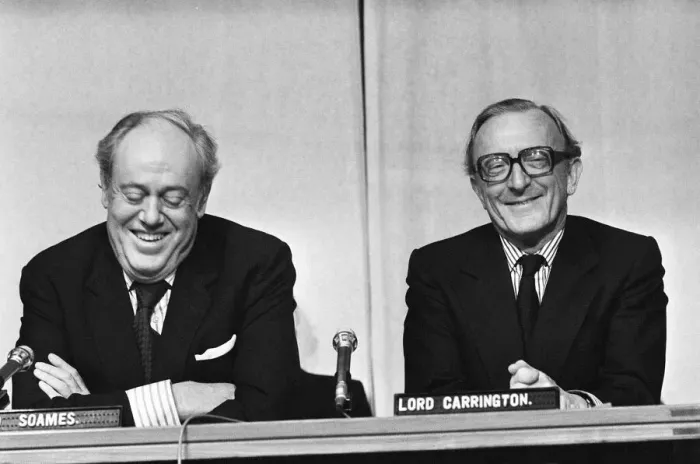 Framed Print : Foreign Secretary Lord Carrington at a conference on Rhodesia with Christopher Soames Framed Print : Foreign Secretary Lord Carrington at a conference on Rhodesia with Christopher Soames