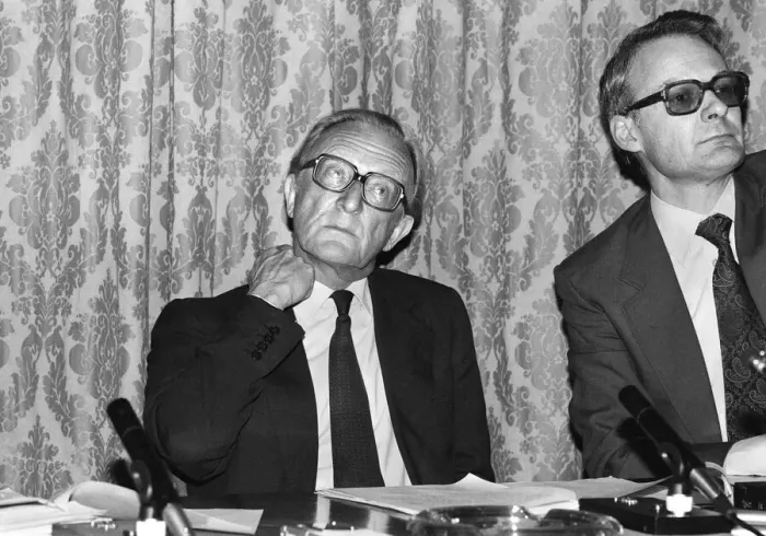 Framed Print : Foreign Secretary Lord Carrington and Defence Secretary John Nott at a press conference Framed Print : Foreign Secretary Lord Carrington and Defence Secretary John Nott at a press conference