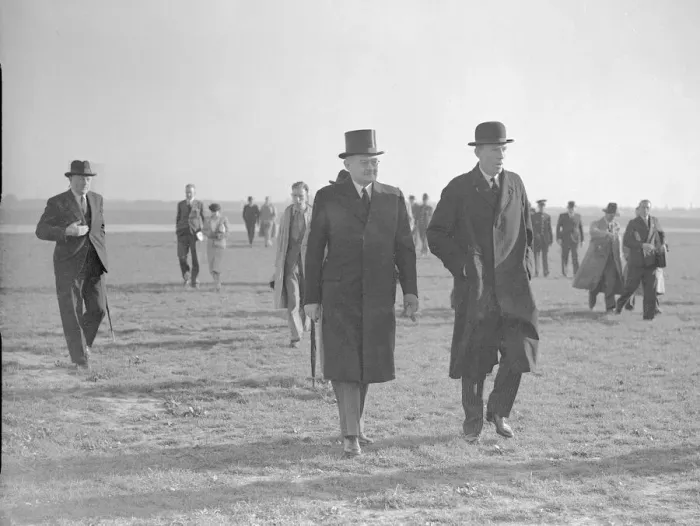 Framed Print : Foreign Secretary Lord Halifax (right) with a German embassy official at Heston airfield Framed Print : Foreign Secretary Lord Halifax (right) with a German embassy official at Heston airfield