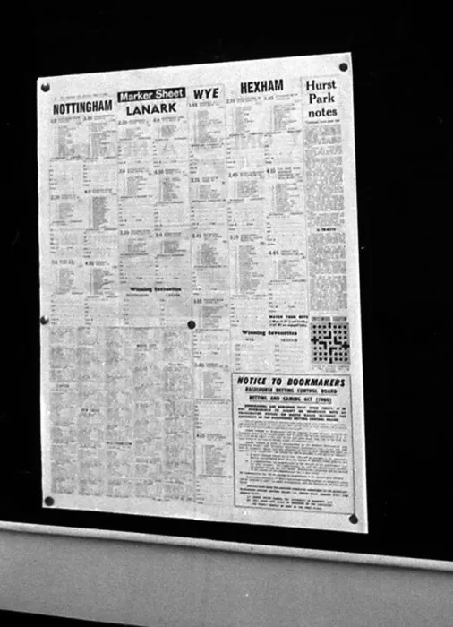 Framed Print : The form guide pinned to a notice board inside Peter Massie betting shop in Bethnal Green Framed Print : The form guide pinned to a notice board inside Peter Massie betting shop in Bethnal Green