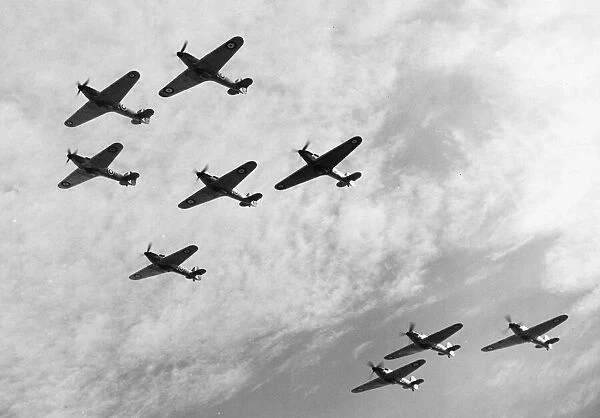 A formation of Hawker Hurricane fighters of Number 85 Squadron in search of enemy