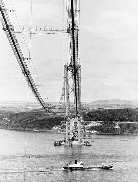 Forth Road Bridge construction June 1962 Wires across river catwalk ship passing