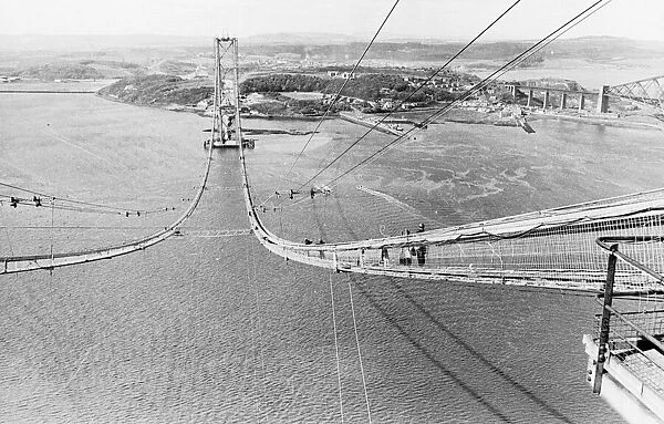Forth Road Bridge construction June 1962 Wires across river workmen on catwalk