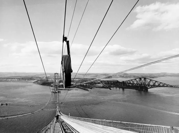 Framed Print : Forth Road Bridge construction June 1962 Wires being strung across workman walking Framed Print : Forth Road Bridge construction June 1962 Wires being strung across workman walking