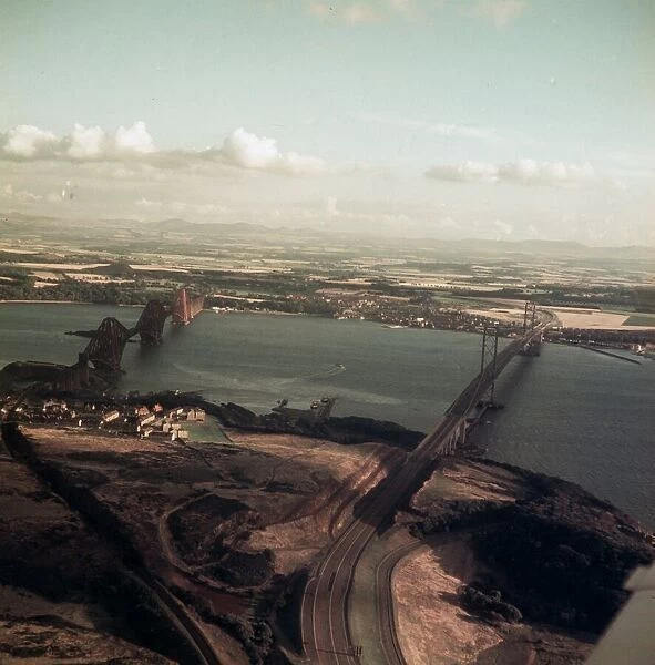 Forth Road Bridge (R) and Forth Rail Bridge Scotland 1964