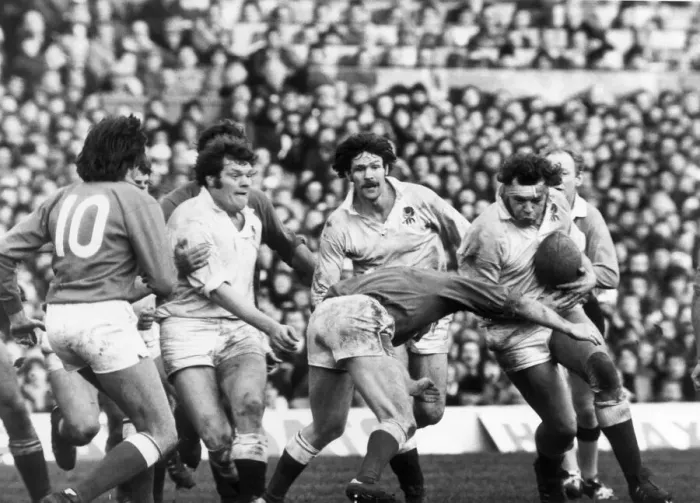 Framed Print : France beat England at Twickenham. England Lock Bill Beaumont leads a charge by Framed Print : France beat England at Twickenham. England Lock Bill Beaumont leads a charge by