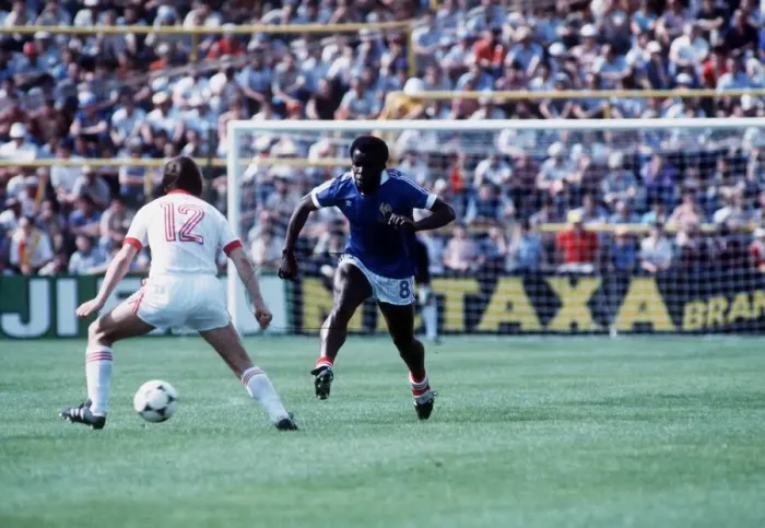 Framed Print : France v Czechoslovakia World Cup 1982 football Marcus Tressor of France Framed Print : France v Czechoslovakia World Cup 1982 football Marcus Tressor of France