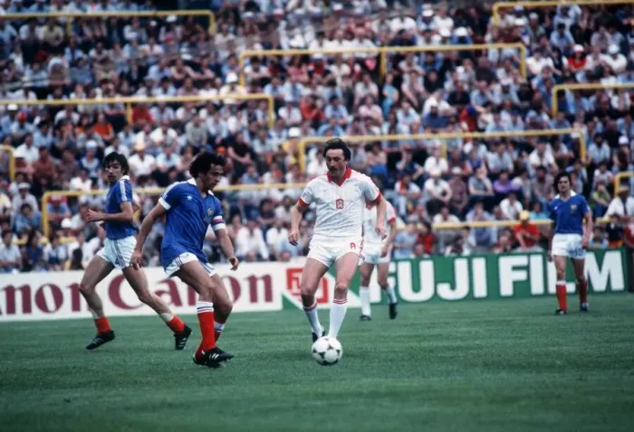 Framed Print : France v Czechoslovakia World Cup 1982 football Michael Platini of France