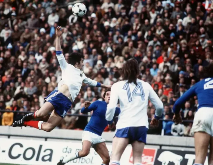 Framed Print : France v Italy World Cup 1978 football Platini jumps for ball, Berdoll no14