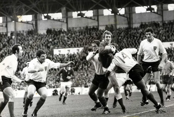 Framed Print : France v Wales, Stade Colombes, Paris, 27th March 1971. John Bevan, Wales being tackled Framed Print : France v Wales, Stade Colombes, Paris, 27th March 1971. John Bevan, Wales being tackled