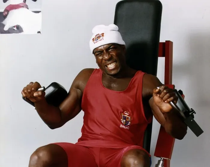 Framed Print : Frank Bruno boxer on exercise machine Framed Print : Frank Bruno boxer on exercise machine