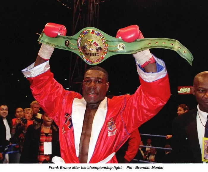 Framed Print : Frank Bruno hold aloft his WBC World Boxing Council Championship belt after defeating Framed Print : Frank Bruno hold aloft his WBC World Boxing Council Championship belt after defeating