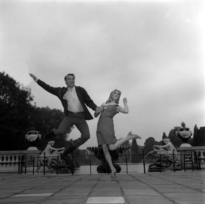 Framed Print : Frank Ifield singer with actress Annette Andre June 1965 jumping in the air hand Framed Print : Frank Ifield singer with actress Annette Andre June 1965 jumping in the air hand