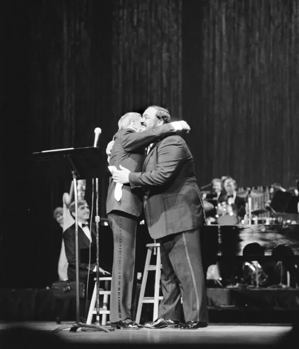 Framed Print : Frank Sinatra and tenor Luciano Pavarotti seen here performing on stage at Radio City in Framed Print : Frank Sinatra and tenor Luciano Pavarotti seen here performing on stage at Radio City in
