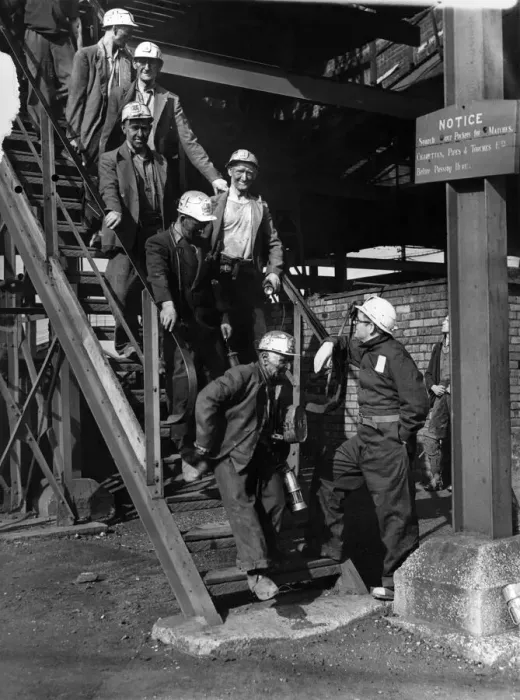 Framed Print : Frank Tilsley, after descending Lyme Colliery, talks to miners coming off the morning Framed Print : Frank Tilsley, after descending Lyme Colliery, talks to miners coming off the morning