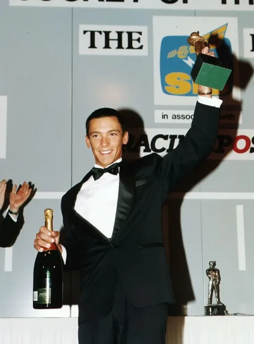 Framed Print : Frankie Dettori race horse jockey holds trophy and champagne Dbase