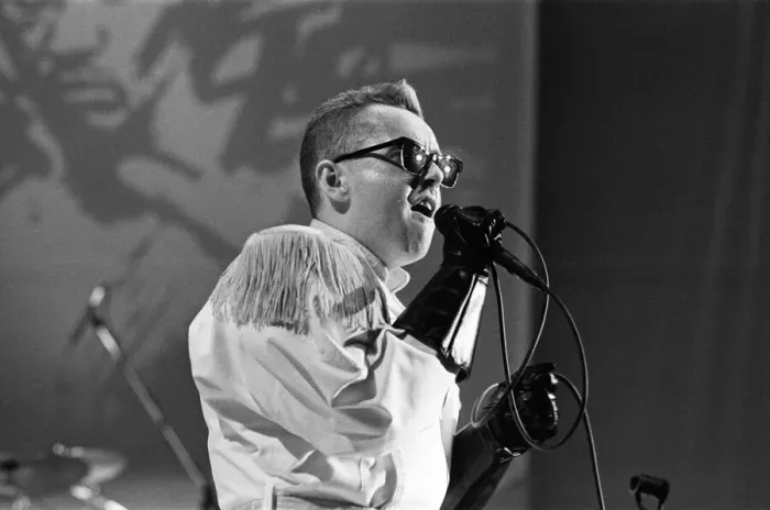 Framed Print : Frankie Goes To Hollywood performing in concert, Holly Johnson pictured on stage Framed Print : Frankie Goes To Hollywood performing in concert, Holly Johnson pictured on stage
