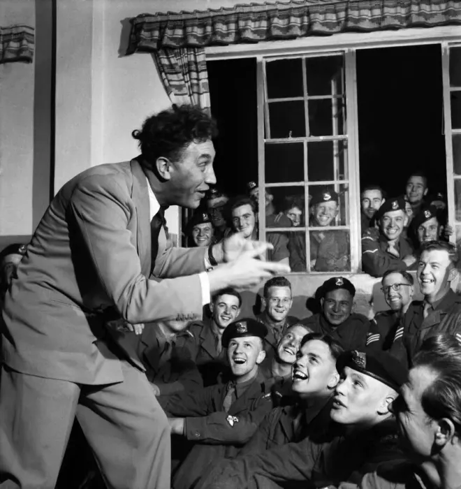 Framed Print : Frankie Howerd entertaining troops leaving for Korea. June 1952 C2824 Framed Print : Frankie Howerd entertaining troops leaving for Korea. June 1952 C2824
