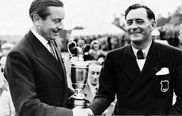 Fred Daly golfer recieving Open Golf Championship trophy claret jug shaking hands