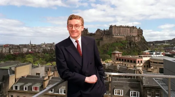 Framed Print : Fred Goodwin, chief executive Clydesdale Bank, pictured on roof of head office in Framed Print : Fred Goodwin, chief executive Clydesdale Bank, pictured on roof of head office in