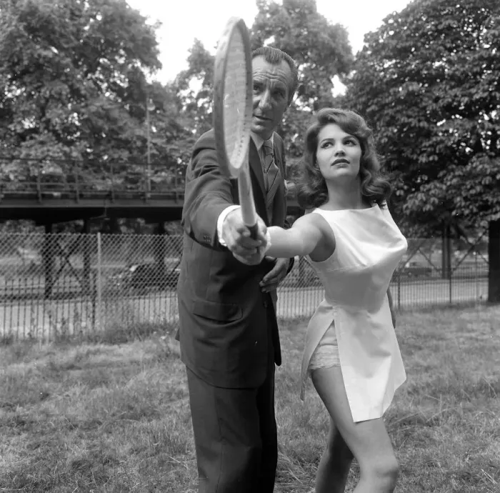 Framed Print : Fred Perry with actress Yvonne Buckingham, during a coaching session Framed Print : Fred Perry with actress Yvonne Buckingham, during a coaching session