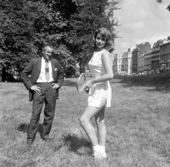 Framed Print : Fred Perry with actress Yvonne Buckingham, during a coaching session Framed Print : Fred Perry with actress Yvonne Buckingham, during a coaching session