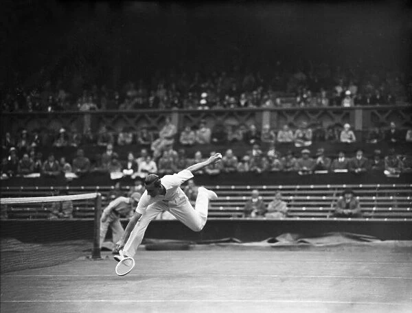 Fred Perry competing at Wimbledon Centre Court in the The 1933 International Lawn Tennis