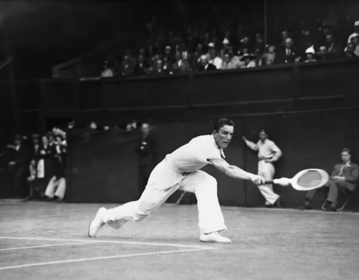 Framed Print : Fred Perry (GB) in action in the Wimbledon Mens Quarterfinals against George Lott (USA) Framed Print : Fred Perry (GB) in action in the Wimbledon Mens Quarterfinals against George Lott (USA)