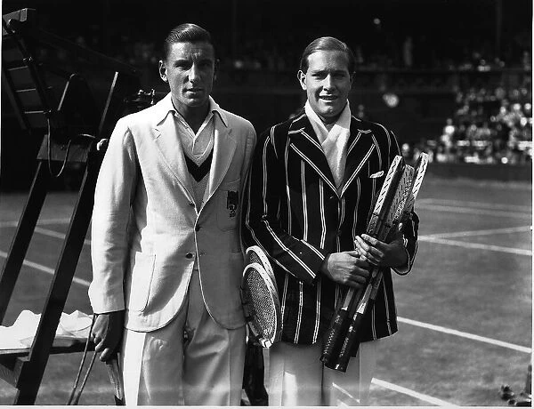 Fred Perry and Gottfried von Cramm before their match on centre court at the Wimbledon