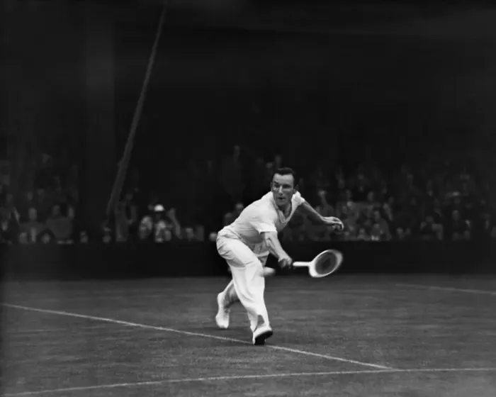 Framed Print : Fred Perry (pictured) (GB) competing at The Wimbledon Tennis Championships against