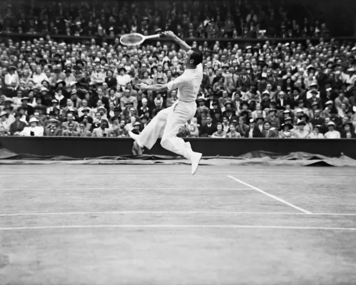 Framed Print : Fred Perry (pictured) (GB) competing at The Wimbledon Tennis Championships against