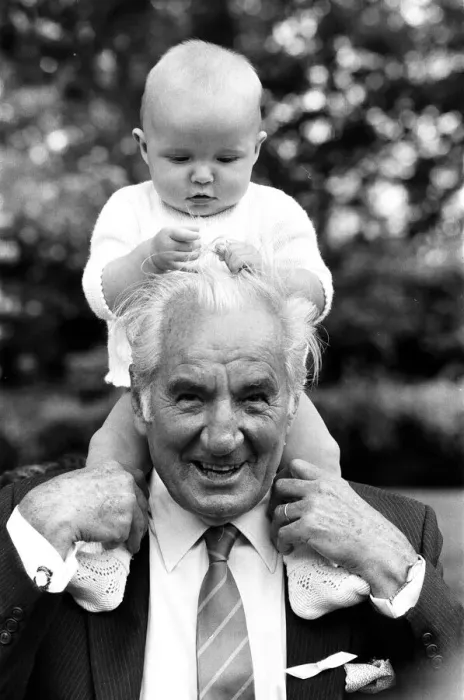 Framed Print : Fred Perry, former Wimbledon 3 times champion, with his grandson John Perry Framed Print : Fred Perry, former Wimbledon 3 times champion, with his grandson John Perry
